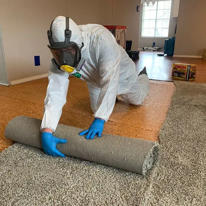 Wet carpet pulled and an air mover drying a floor in a Lake Travis Hill Country home