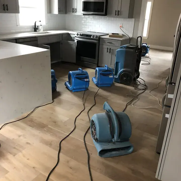 Air movers drying an exposed subfloor in a hallway in a Lake Travis Hill Country home